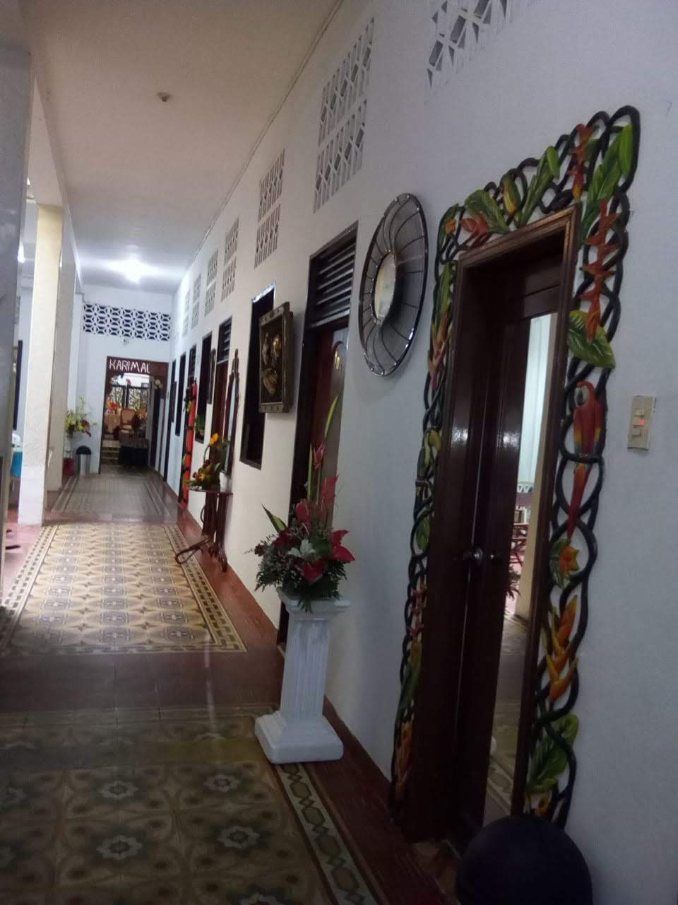 Lobby de Hotel Karimagua con pared verde y arte amazónico