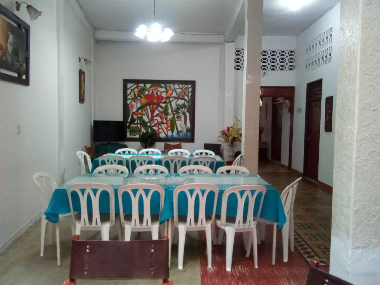 Zona de descanso con mural de aves